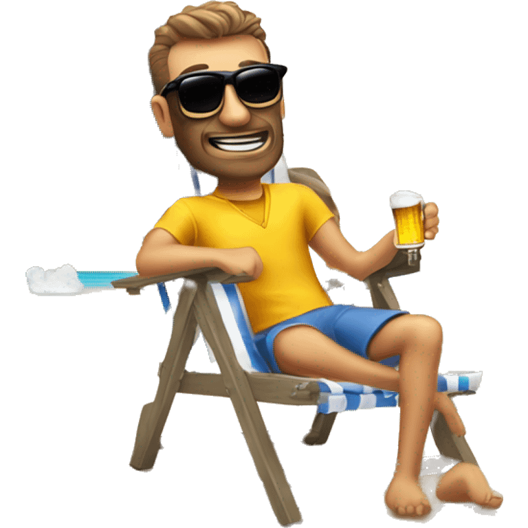 Hombre sentado tomando cerveza en una silla en la playa con lentes de sol  emoji