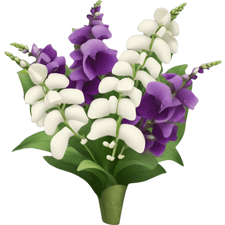 Bouquet of white foxglove, dark purple, cream and purple speckled orchids, and tall greenery  emoji