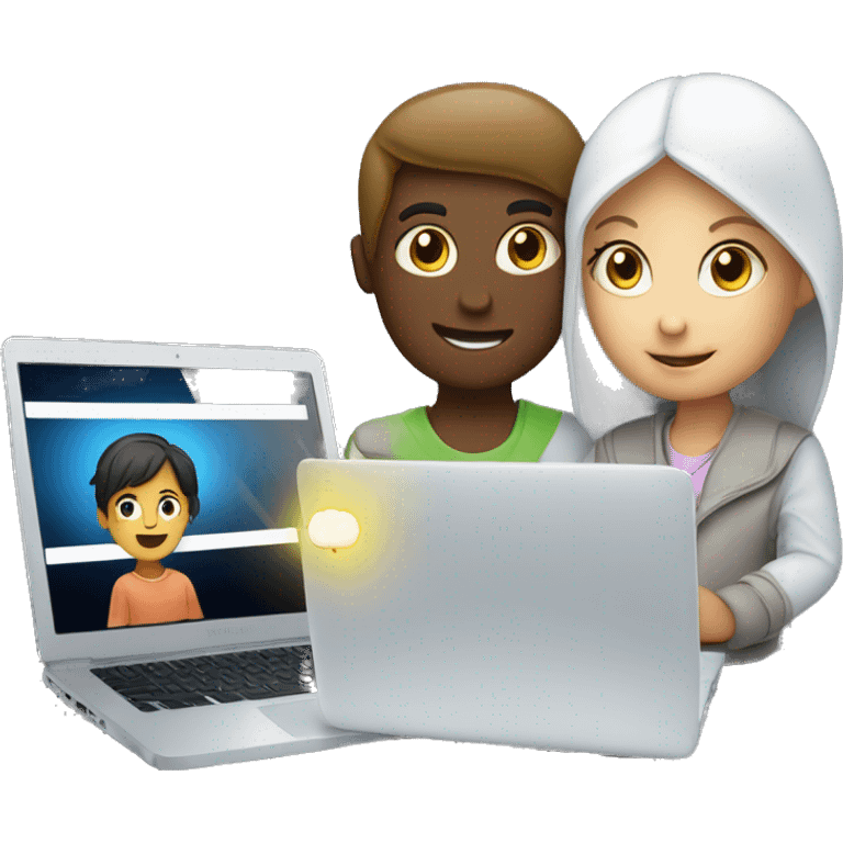 Girl and boy laptop with light above head emoji