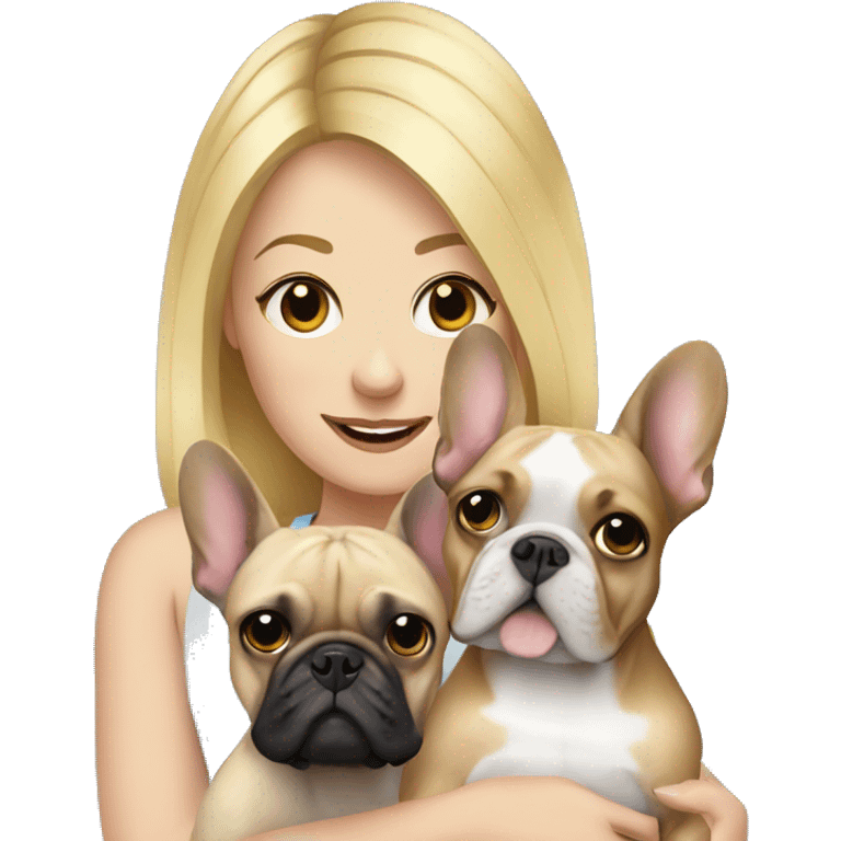 Blonde haired woman holding a French bulldog emoji