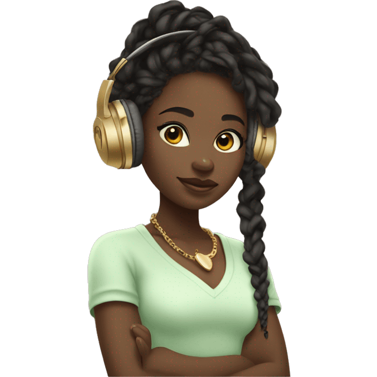 African girl. Black long twists. Wearing white headphones. Listening to music. Wearing a light green v neck top. Gold Jewelry. Makeup. Blush. emoji