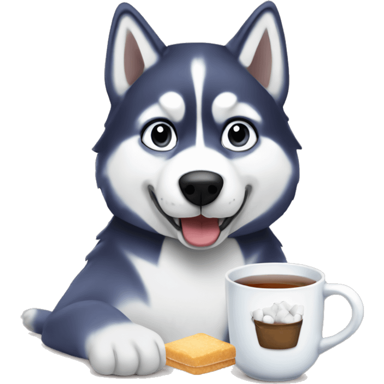 Husky drinking hot tea with marshmallows in it emoji