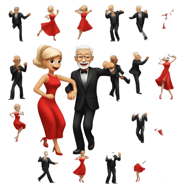 Old  man in black dress dance bachata with girl in and small tight red dress with cool moves.  emoji