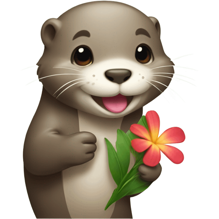 A happy and cute otter face with a Hawaiian flower-shaped pin, holding a heart in its hand. emoji