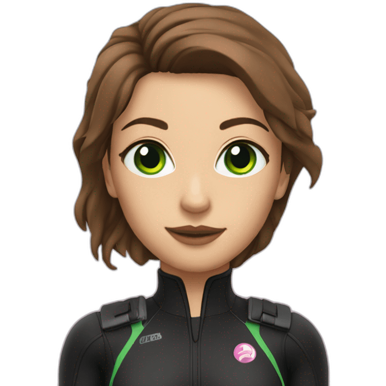 woman with green eyes, large and straight brown hair, pink diving underwater black suit gear emoji