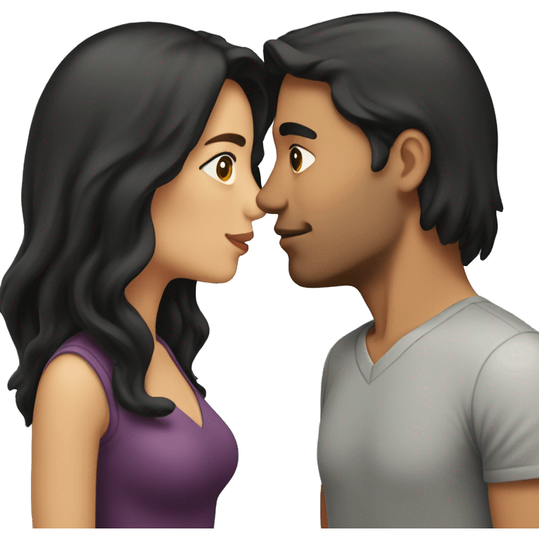 a couple kissing. The man has long brown hair and the woman has chin-length black hair.  emoji