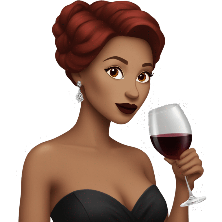 Dark red haired beautiful women with dark red lips and brown eyes drinking wine in a black gown emoji