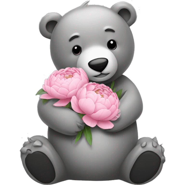 realistic-happy-grey-bear-hugging-peony emoji