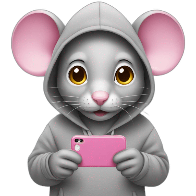 pink mouse wearing a grey hoodie with Iphone emoji