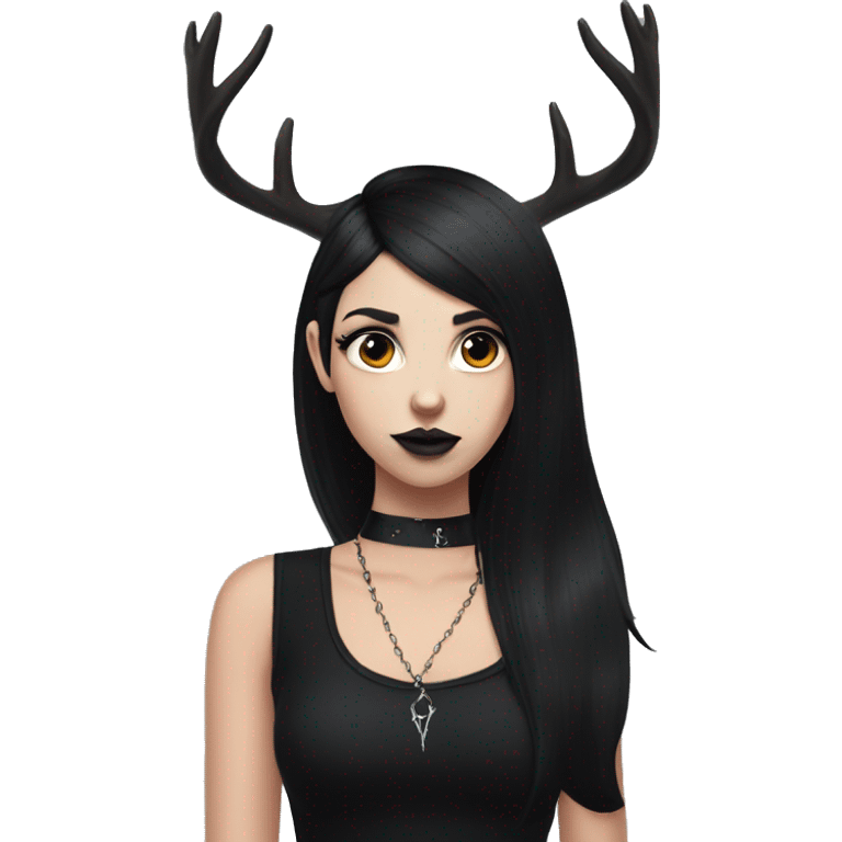 Goth deer girl with black hair in a sleeveless black dress and choker, white antlers and deer ears portrait emoji