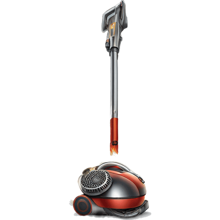 A realistic Dyson Vacuum cleaner holding a metal sword that is on fire  emoji