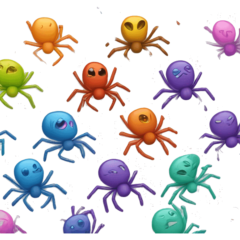 Seven spiders, their colors are red, orange, yellow, blue, purple, pink emoji