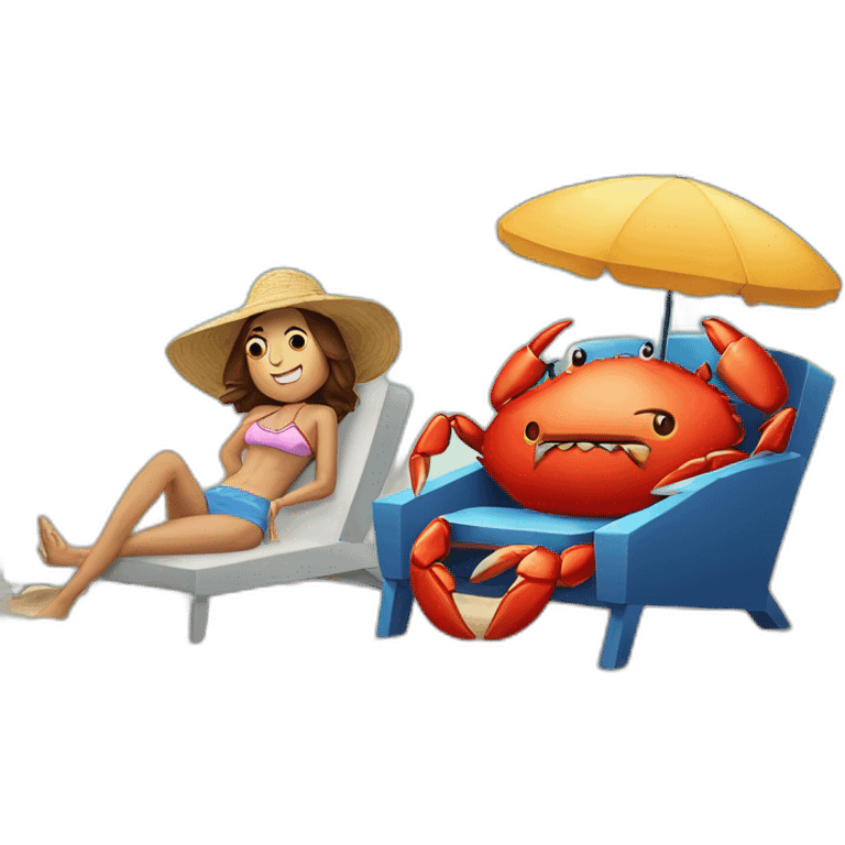 human-sized crab with human-sized taco girlfriend, lying in a chair at the beach emoji