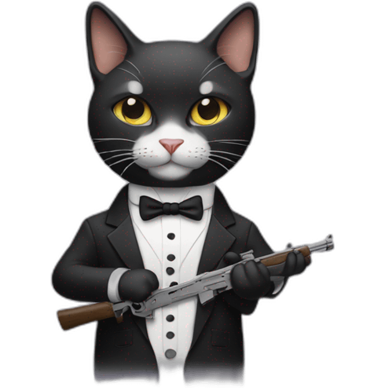 A full-length cat in a tuxedo, holding a weapon in its paws emoji