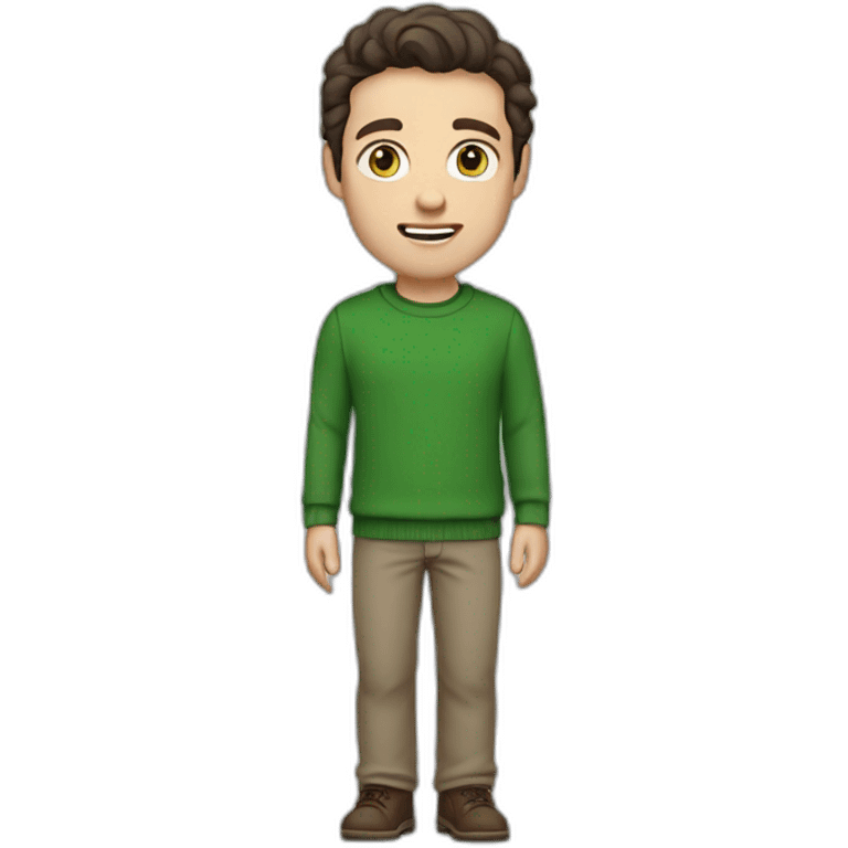 white guy, 30 years old, dark hair, medium height, blue eyes, wearing a green pullover, gray chinos and brown chelsea pants emoji