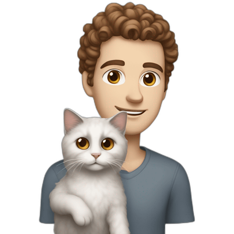 White man with brown curly hair, brown eyes, thick eyebrows, sharp jawline, bigger nose holding white and grey Ragdoll cat emoji