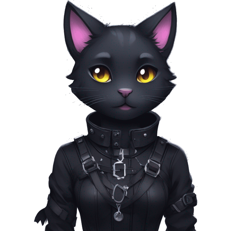 Gorgeous furry gothic dark techwear anime style anthro black cat furry sona with blushing face aesthetic and pretty edgy black with collar and harness trending style emoji