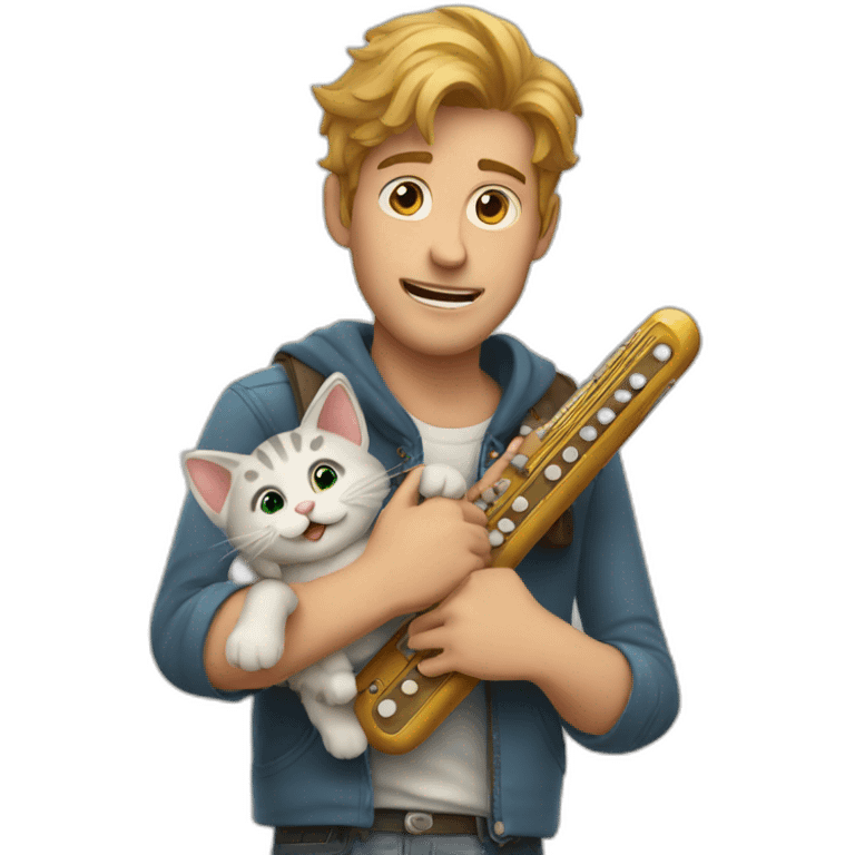 A guy holding a cat and a harmonica emoji