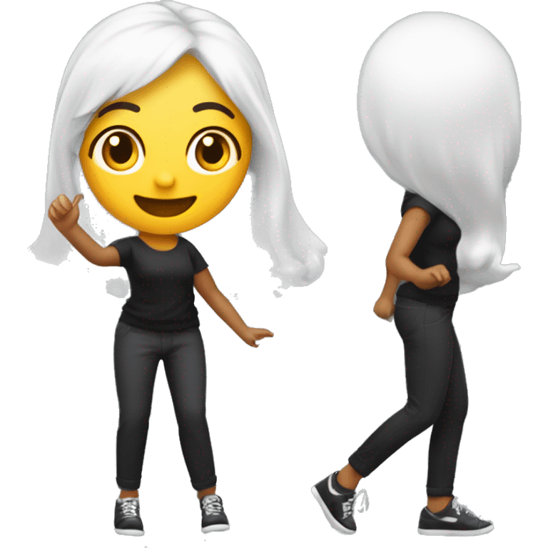 mulher pequena, branca de calça preta e blusa preta com detalhe prateado ,cabelo longo dançando e cantando com o microfone na mão escrito Alê emoji