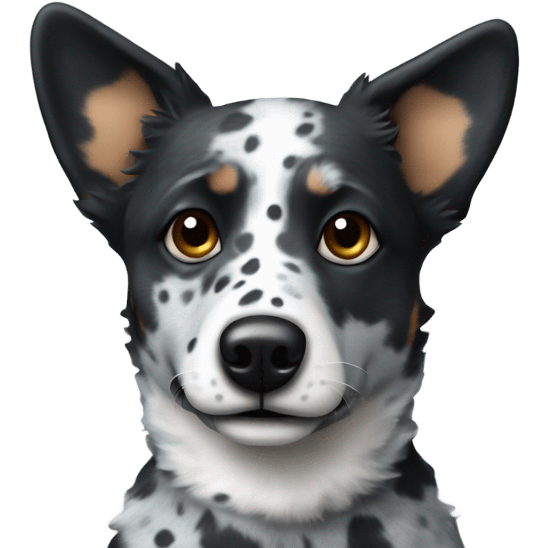 Blue heeler with floppy ears and is black with white spots emoji