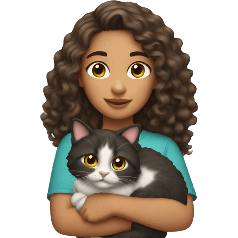 Hispanic Girl with long curly hair holding cat  emoji