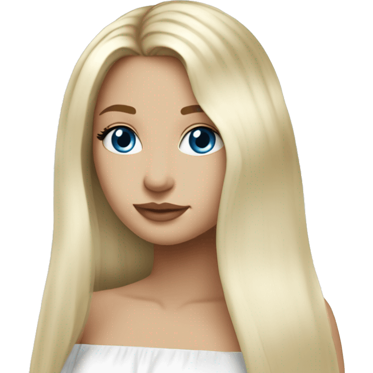 blonde long straight hair girl, ocean blue eyes, white off the shoulder top, emoji