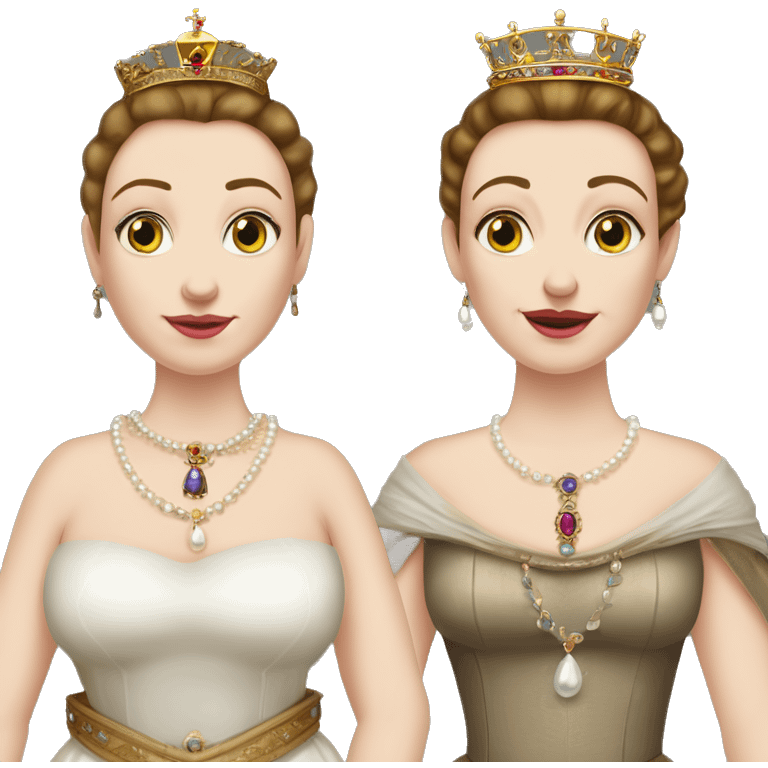 Chubby white 35 year old female queen with large breasts. Dark and tied back hair, eyes light-coloured and a bit wide-set. Elizabethan queen's dress and a lot of jewellery such as pearl necklaces, earrings and a crown. She wears an embroidered sash. emoji