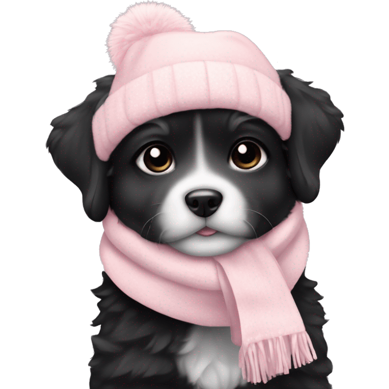 fluffy chubby black puppy with pale pink winter hat pale pink scarf emoji