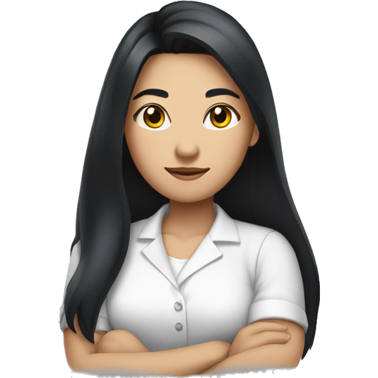 A woman with a confident expression, arms crossed, long black hair, wearing a bright white shirt, asian
 emoji