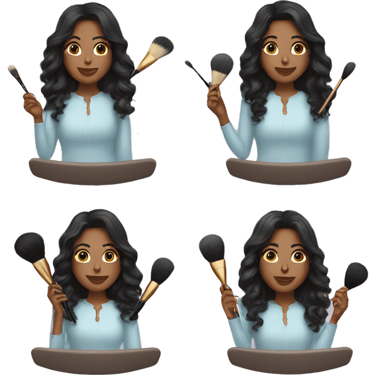 a woman with long wavy black hair sitting on a chair and holding makeup brushes looking like she put makeup on someone emoji