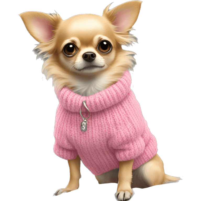 super scruffy wirey haired blonde chihuahua in a huge pink sweater emoji