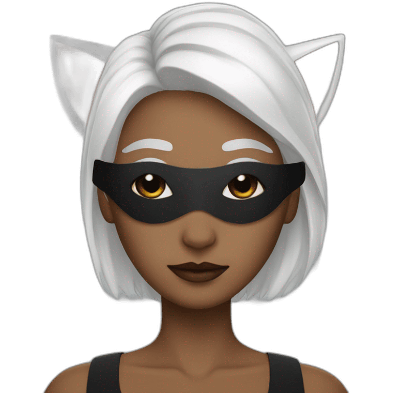 A woman with white hair and cat ears and a black mask around her eyes has white skin  emoji