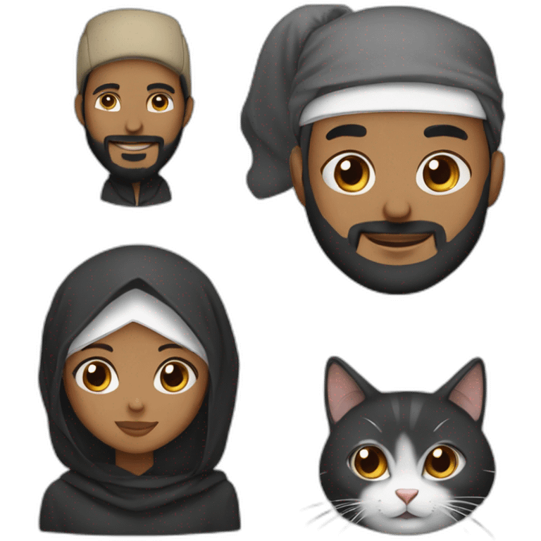 Black hijab girl with a brow hijab and her cat and with a bearded withe man  emoji