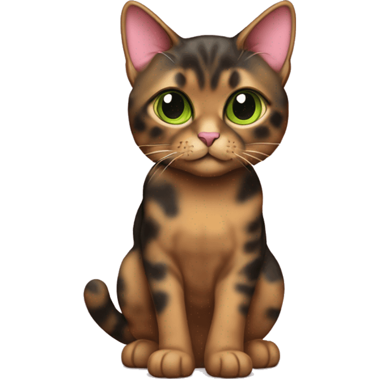 Tortie cat with back base and some brown color with light green eyes wearing a pink color. emoji