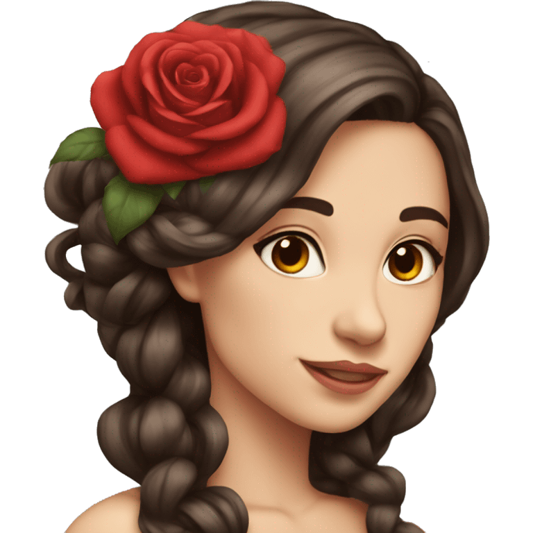 Beautiful, rose, red, flowers in hair, long dark brown hair, white fair skin emoji