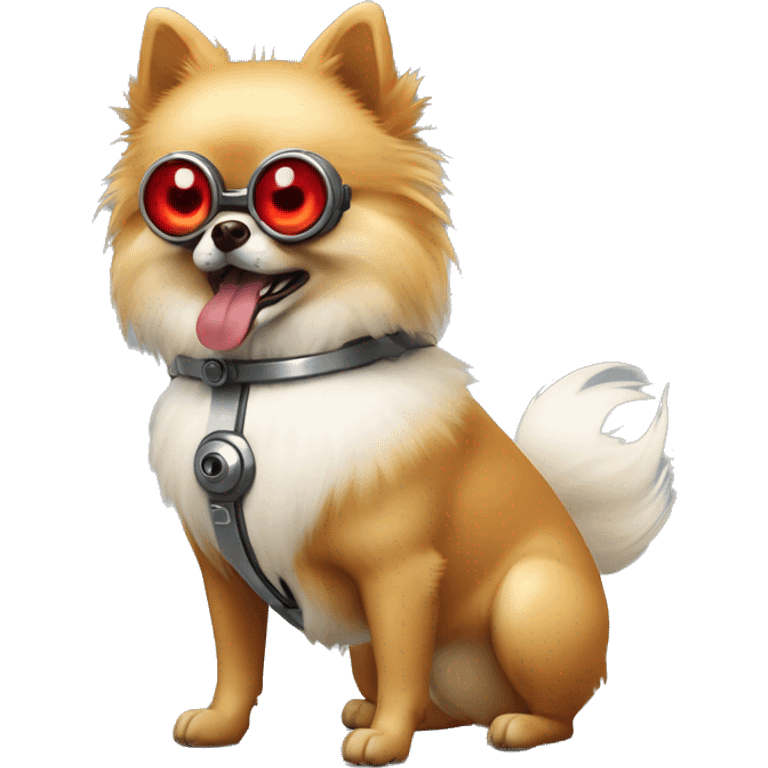 angry pomeranian cyborg with red robotic right eye and normal left eye emoji