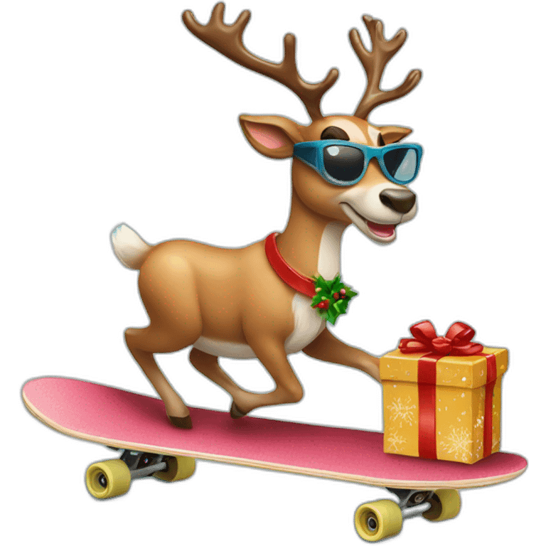 Reindeer wearing sunglasses delivering Christmas gift on skateboard emoji