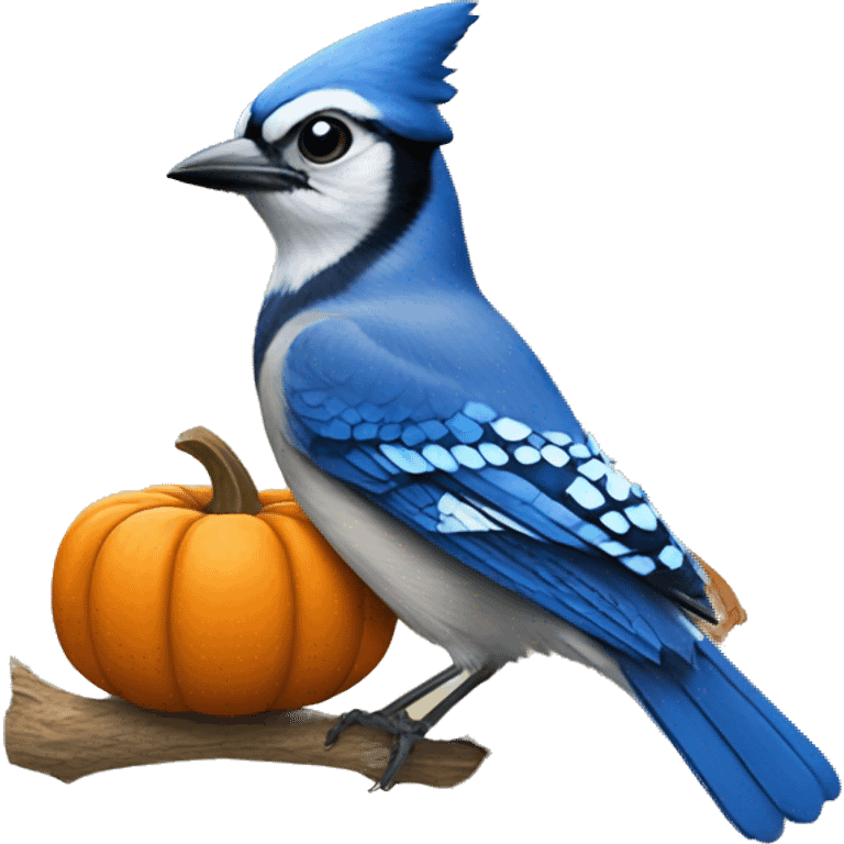 Bluejay with a pumpkin on its head emoji