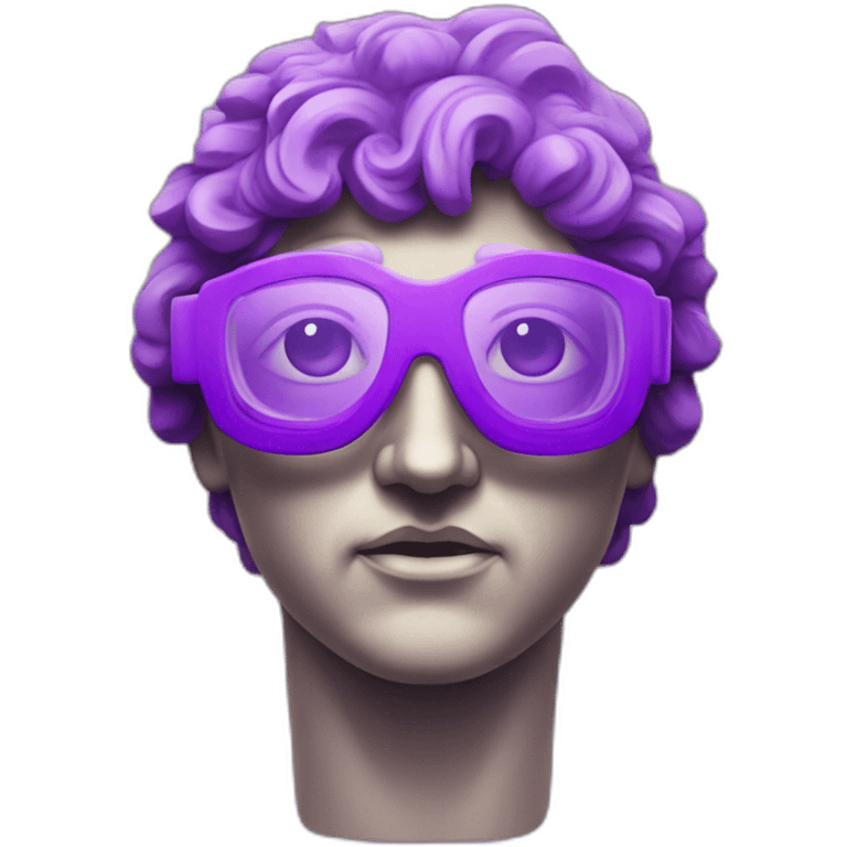 an EMOJI OF A ancient young greek statue, wearing VR glasses, purple colors, DIGITAL UNIVERSE emoji