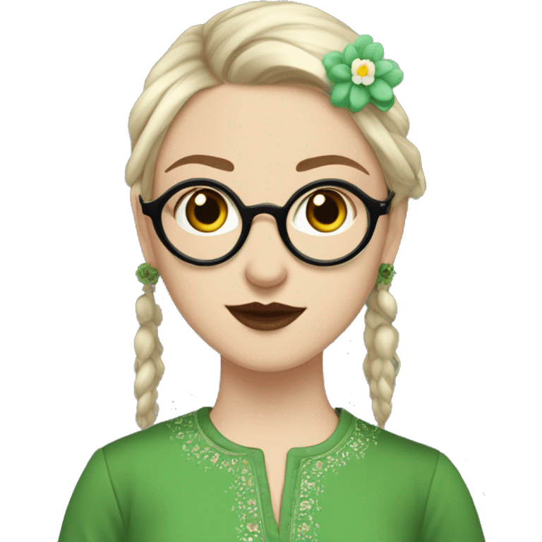 White girl in a green kurta with flower design, glasses, alot of piercing, gay, red lips, nose ring, full body, short straight black edgar hair, emoji