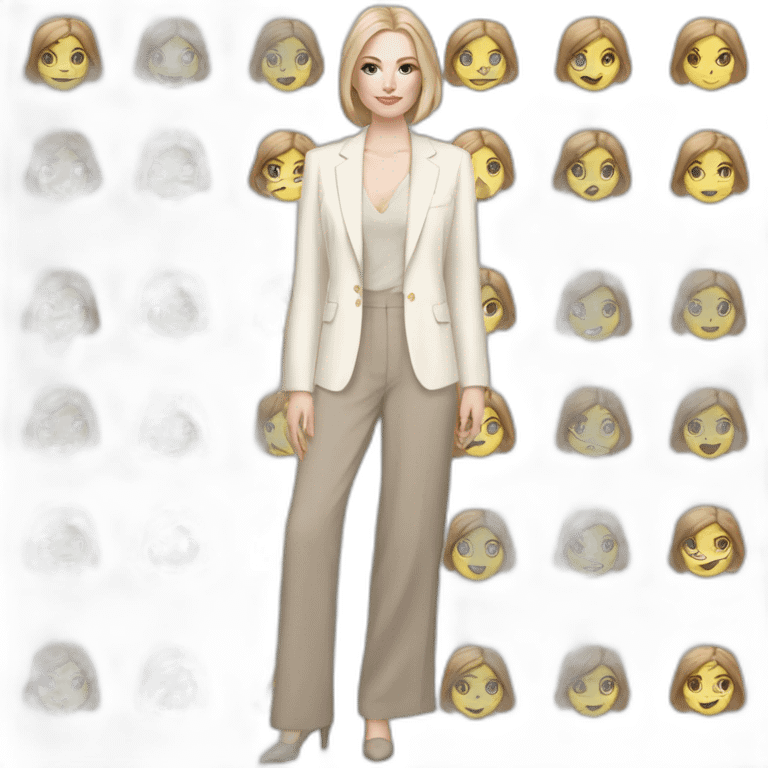 pale skin woman with ash blonde Straightened bob Hair, White Spacious classical jacket, beige palazzo Arrow pants and gray blouse holding a color palettes in the hands emoji