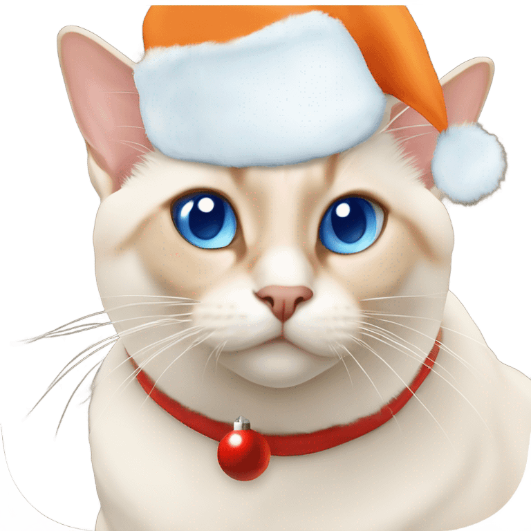 chubby flame point Siamese, white fur with orange accents and blue eyes wearing a red christmas hat  emoji