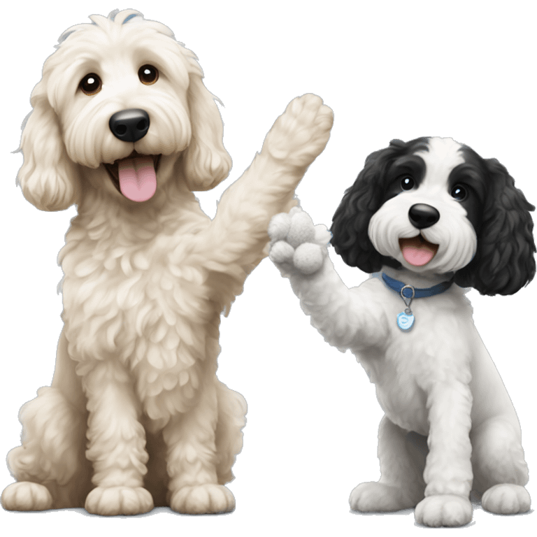 goldendoodle dog and black and white dog giving each other a high five emoji