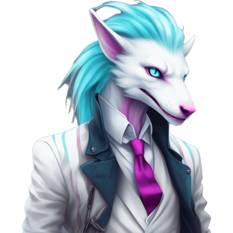 White badass elegant wild beautiful natural cute badass epic anthro modern albino sergal-vernid-creature with cyan mane and magenta eyes with cyan edgy stripes, full body, blue pretty hair, outside, modern, aesthetic, art by LiLaiRa, art by art by Falvie emoji