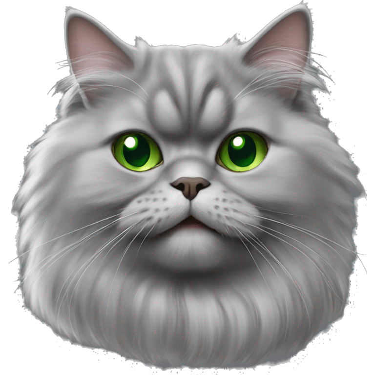 Gray Persian cat with green eyes and tongue out emoji