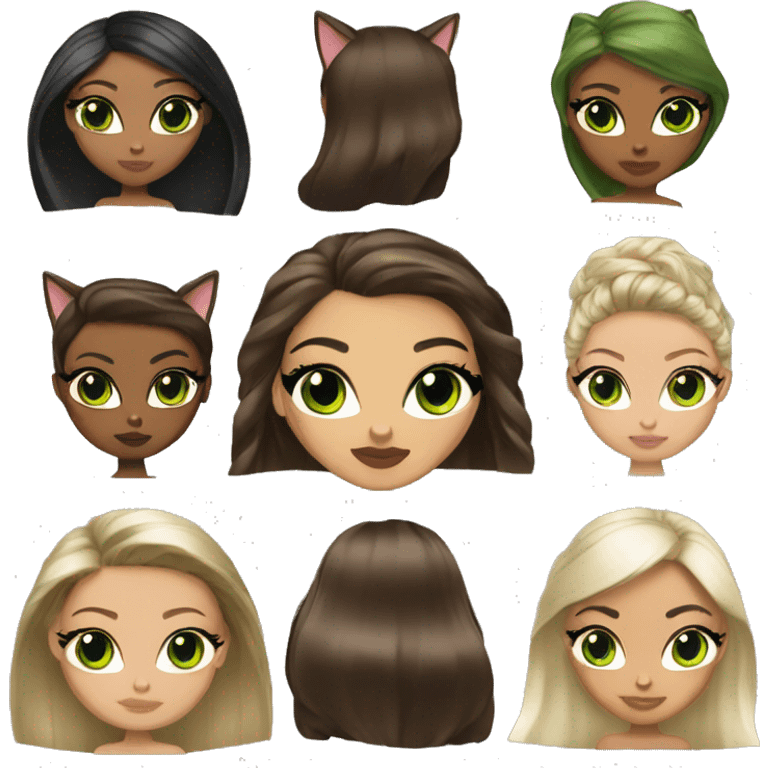 Bratz, bride, brunette hair, olive skin, green almond cat eyes emoji