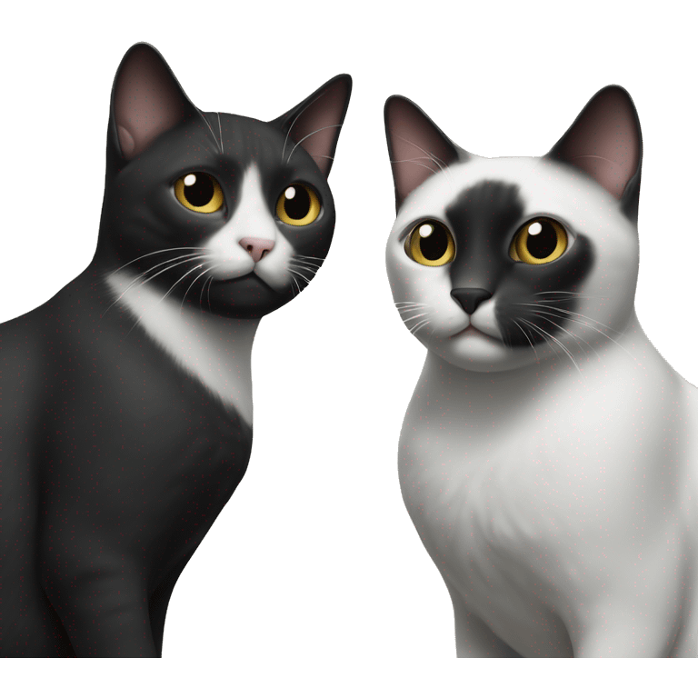 Two cats next to each other, the first one is black with a bit of white on the neck and the second one is black and white emoji