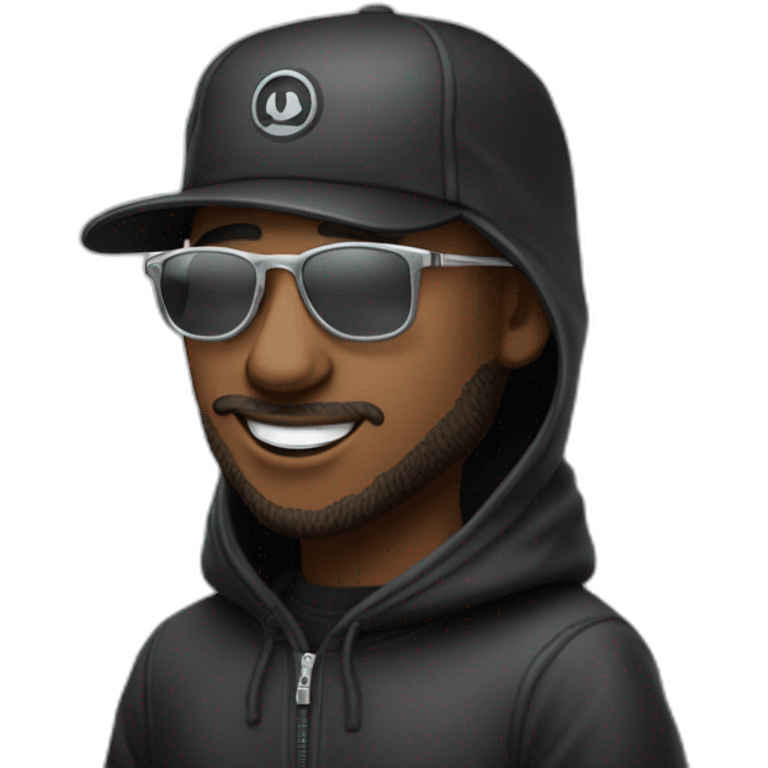 un homme avec une cagoule en laine noire, des lunettes noires et des grillz en argent sur les dents emoji