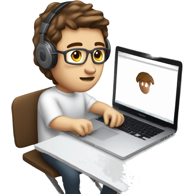 Young male programer coding in a macBook on a coffee table with headphones, white skin and Brown hair emoji emoji