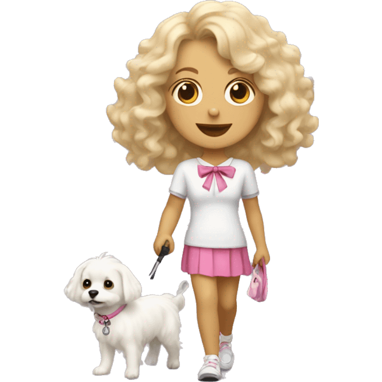 blonde girl with wavy hair taking a little fluffy white dog for a walk with a pink bow and leash  emoji